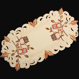 Owl Table Runner Tablecloth Linen Look Cream Beige Autumn Leaf Embroidery – Choice of Sizes Approx. 35 x 70 cm Oval