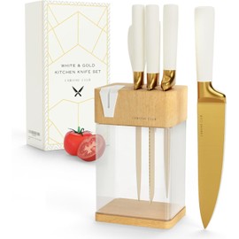 Stainless Steel White and Gold Knife Set with Block - 7 Piece Gold Kitchen Knife