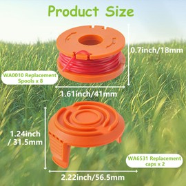 EPLZON Grass Trimmer Spool for Worx Grass Trimmer, Diameter 1.65 mm, 3 m Length Replacement Grass Trimmer Spool Worx, Grass Trimmer Spool Works with Worx WA0010 (8 Replacement Spools, 2 Cap Lids)