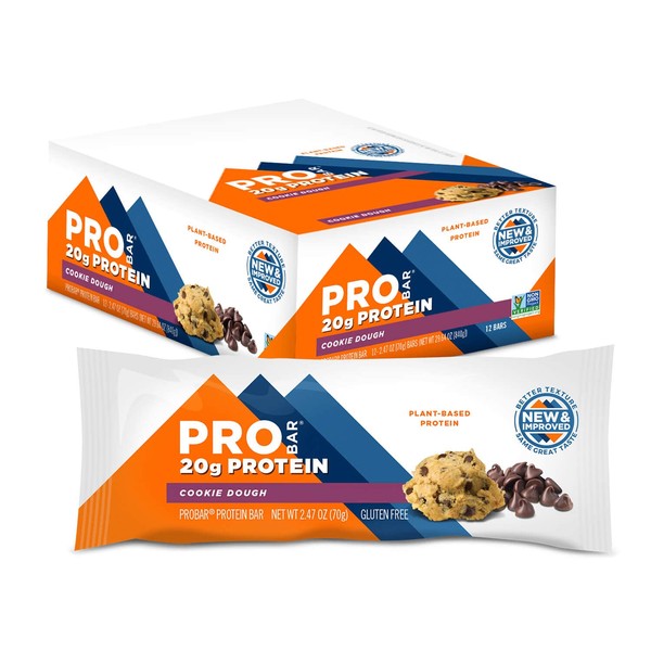 PROBAR - Base Protein Bar, Cookie Dough, Non-GMO, Gluten-Free, Healthy, Plant-Based Whole Food Ingredients, Natural Energy (12 Count)