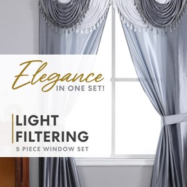 Regal Home Collections Amore 5-Piece Window Curtain Set - 54-Inch W x 63-Inch L Panels with Attached Valance and 2 Tiebacks - Bedroom and Living Room Curtains (Silver)
