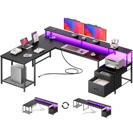 PRAISUN L Shaped Computer Desk with Power Outlets and LED Lights, Home Office Desk with Fabric Drawers and Print Stand, L Shape or Long Set up, Monitor Stand, Mesh CPU Stand, Black