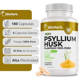 Psyllium Husk 100% Puro - Fibra Altamente Soluble - (180 Caps Para Hasta 45 Dias de Consumo Continuo) | [Maxima Absorcion] - | Extremadamente eficaz |