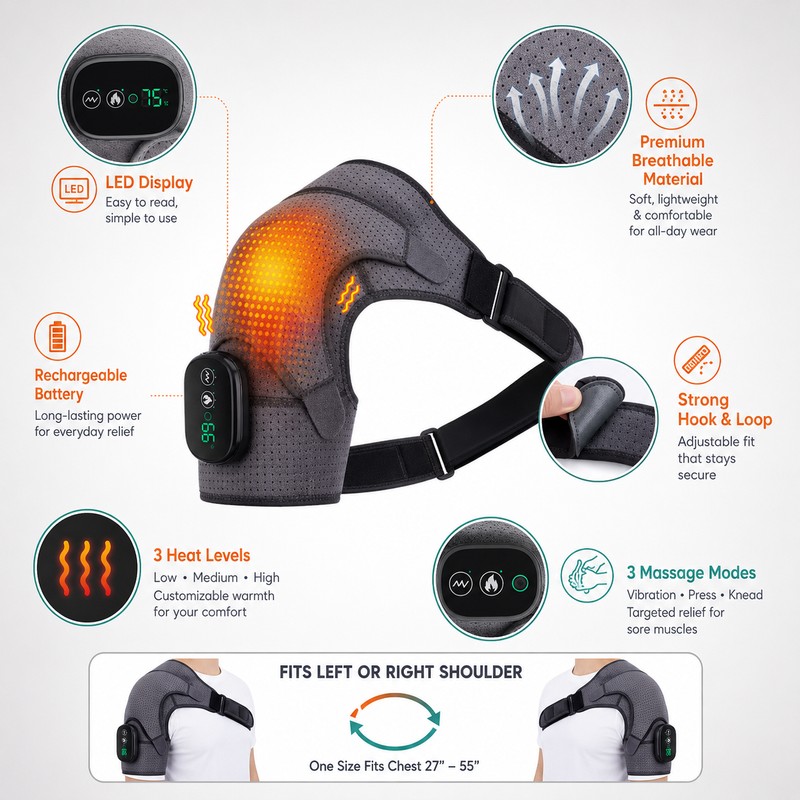 Cordless Heated Shoulder Brace with Vibration Massage – 3-Level Electric