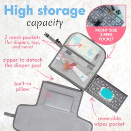 Kopi Baby Portable Diaper Changing Pad-Baby Diaper Changer Travel Bag with Wipes Pocket, Smart Design Portable Changing Mat, Infant Travel Station Kit, Gift for Newborn Girl & Boy-Grey Arrows, Classic