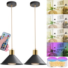 2 Pack Battery Operated Pendant Lights,Hanging Battery Light with 10000 mAh RGB Rechargeable Light Bulbs 50 Hours Ultra-Long Battery Life,Black Ceiling Lights No Wiring with Remote for Kitchen Island