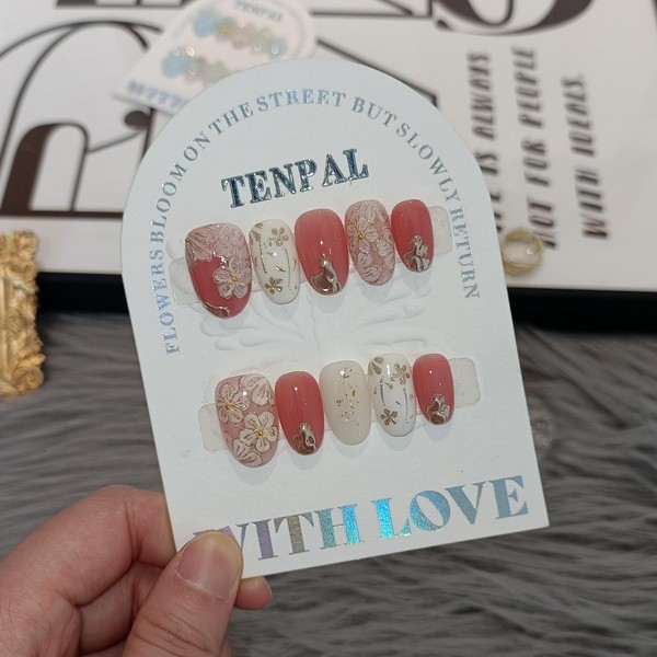 TENPAL Short Oval Press on Nails,Peach Yogurt Base Glue on