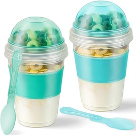 Freshmage Yogurt Parfait Cups with Lids, 2 Pack 20 oz Reusable Overnight Oats Containers with Lids, Topping Compartment & Spoon to Go for Breakfast Meal Prep, Portable & Lightweight (Blue&Green)