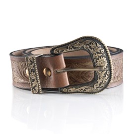 Angus Stoke Buffalo Leather Western Belt - Handmade Cowboy & Western Belt for Men and Women with Belt Buckle, Leather Belt Hand Embossed Jeremy, brown