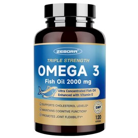 ZEBORA Aceite de pescado Omega-3 de triple potencia 2000 mg  rTG Omega 3 de ultra alta potencia  Favorece la salud cardíaca, cerebral, ocular,...     