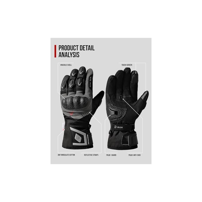 RIDEIRON Men's Winter Motorcycle Gloves, Warm & Waterproof, Touch Screen,