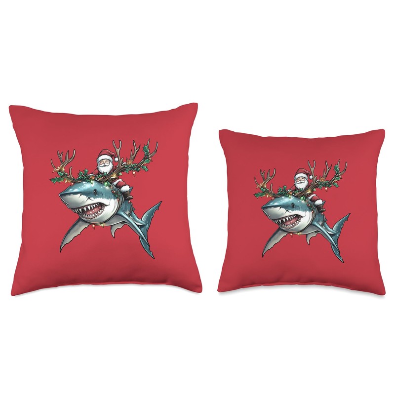 Santa Riding Shark Reindeer Antlers Merry Christmas Shark Throw Pillow