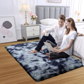 Fluffy Area Rug for Bedroom: Grey Plush Soft Bedside Dorm Area Rug - Small Carpets for Bedroom Kids Room Nursery (Tie-Dyed Dark Grey, 3x5Feet)