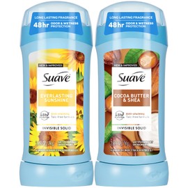 Suave Antiperspirant Deodorant for Women, Cocoa Butter & Shea + Everlasting Sunshine Variety 2-Pack – Anti-Staining Invisible Solid Sticks, Talc-Free, 2.6 Oz Ea