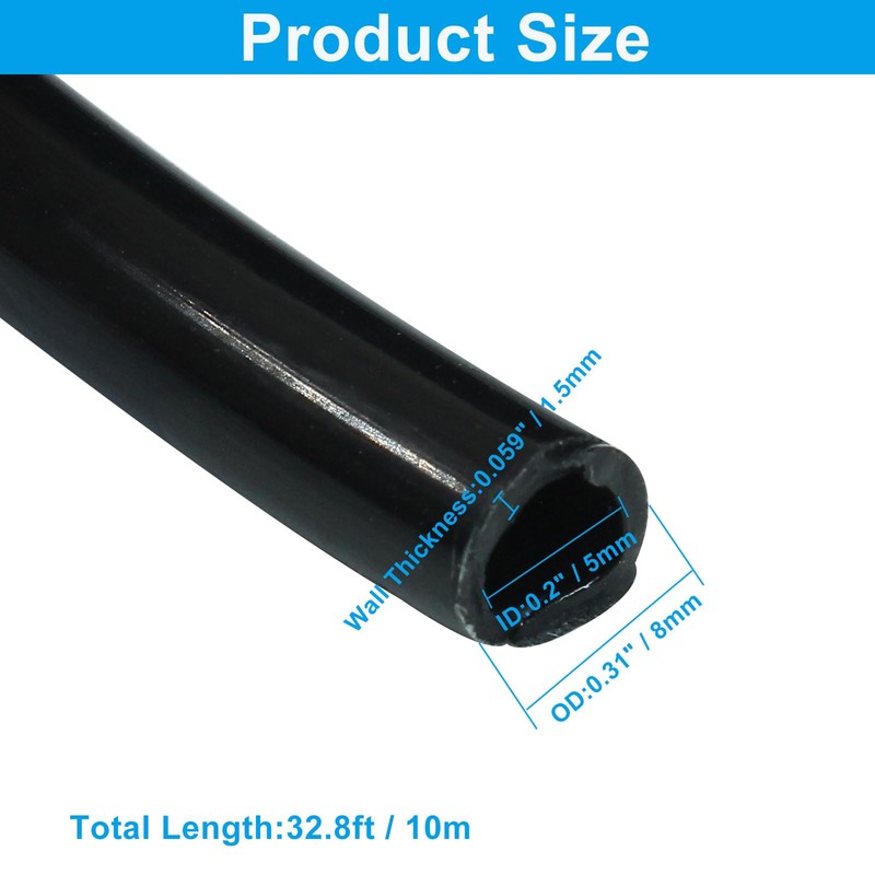 8mm x 5mm Pneumatic Tubing PU Polyurethane, Black, 32.8ft