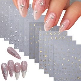 12 Sheets Star Nail Art Stickers Silver Gold Nail Stickers Moon Nail Decals Sun Self Adhesive Nail Art Supplies for Women Girls DIY Nail Art Decorations