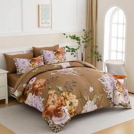 Luxudecor Floral Queen Comforter Set 7 Pieces Bed in a Bag, Flower Print on Brown Bedding Set, Soft Reversible Comforter with Sheet Set 90"x90"