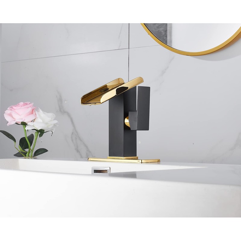 One Hole Bathroom Faucets LED Waterfall Spout Black and Gold