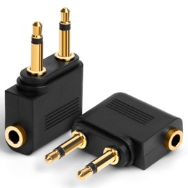 AXFEE Airplane Flight Headphone Adapters, 2 Pack Gold Plated 3.5mm Airplane Flight Adapters for Headphones, Airplane Headphone/Earphone Socket Adaptor, Stereo Aux Jack Headphone Adapters, Black