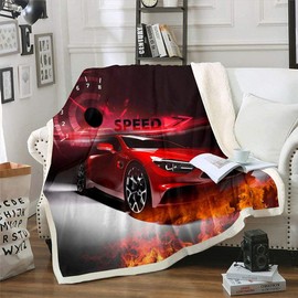Homewish Racing Car Throw Blanket 150 x 200, Extreme Sport Sherpa Blanket, Speed Sports Car Plush Duvet for Children, Boys, Teens, Automobile Red Flame Fleece Blanket for Bedroom, Sofa, Couch