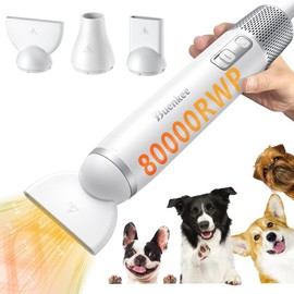 Buenkee Dog Blow Dryer for Pet Grooming Handheld Lightweight Dog Cat Hair Dryer 3 Speeds 4 Temp, Portable 3HP High Velocity Pet Blower Quiet Dryer for Travel Campaign Home, with 3 Nozzles, White - Color: Blue