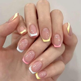 CUZIAM Pastel Rainbow French Tip Press on Nails for Women, Short Square Macaron Candy Sweet Spring Summer Soft Gel Full Cover Stick on Nails, 24Pcs Glossy Reusable False Fake Nails Kit with Glue