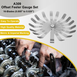 A309 Offset Valve Tappet Gauge Set,16-Blades Stainless Steel Feeler Gauge Set, Dual Marked Metric and Imperial(0.005" to 0.020")