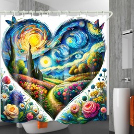 LYFANS Heart-Shaped Artistic Floral Shower Curtain, Designed with Waterproof Fabric Shower Curtain, Bathroom Shower Curtain Set with Plant Shower Curtain 72 "Wx72 L Inches, with Hooks.