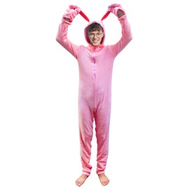 XonyiCos Pink Christmas Jumpsuit Easter Bunny Rabbit Costume Pajamas Adult Fluffy Deranged Ears with Gloves, Pink, X-Large