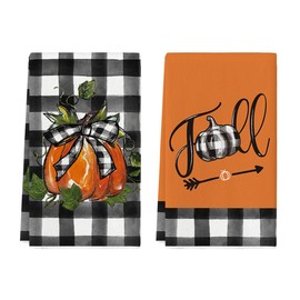 Artoid Mode Buffalo Plaid Bow Arrow Pumpkin Fall Kitchen Towels Dish Towels, 18x26 Inch Farmhouse Decoration Hand Towels Set of 2