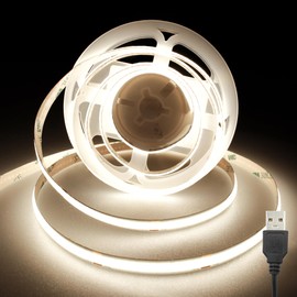 USB COB LED Tape Light 2m 5V Warm White 4000K High Brightness High Density Flexible LED Tape Light and Cuttable Easy Installation, No Tools Required, Non-Waterproof, For Shops, Indoors, Home