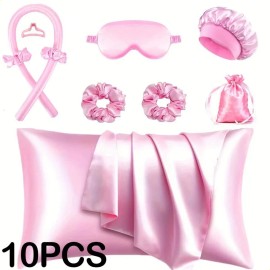 Set De Gorros De Dormir De Seda Satinada Con Rizador De Pelo                                                                                          