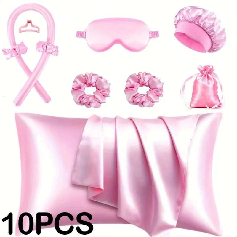 Set De Gorros De Dormir De Seda Satinada Con Rizador