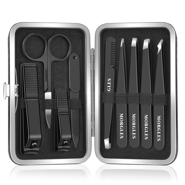 MORGLES Tweezers Set and Nail Clippers, 9 Pcs Stainless Steel