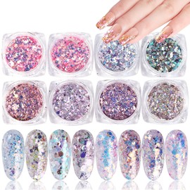 Holographic Nail Sequin Glitter Accessories, Colorful 3D Glitter Irregular Small Discs Designs, Acrylic False Nails Manicure Tips Kit for fingernail toenail Nail Glitter Art Decorations(8 Boxes)