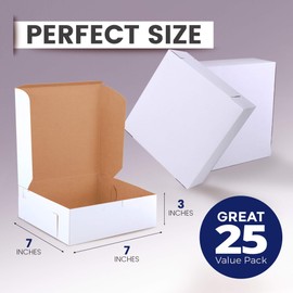 [25 Pack] Pastry Boxes - 7 x 7 x 3 Inches White Bakery Box for Cookies, Compostable Kraft Paper Cardboard for Baked Goods Packaging, Cake, Food, Donut, Cupcake, Candy, Bread, Bridesmaid Gift Box