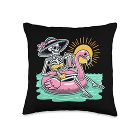 Retro Summer Skeleton Flamingo Float Vacation Beach Drink Throw Pillow