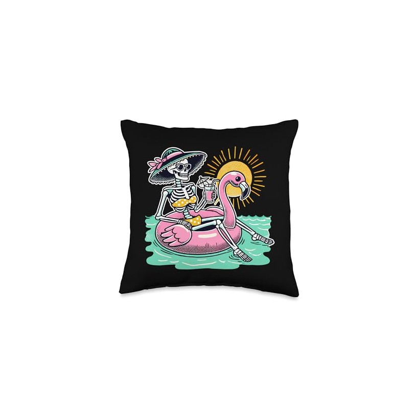 Retro Summer Skeleton Flamingo Float Vacation Beach Drink Throw Pillow
