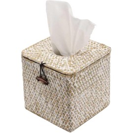 Funda de caja de pañuelos cuadrada, soporte de caja de pañuelos tejidos con tapa, estilo granja, material de pasto marino, color blanco