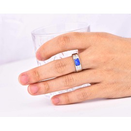 YL Men's Wedding Band Engagement Rings 925 Sterling Silver Flat Cut Created Sapphire Anniversary Jewelry-size9