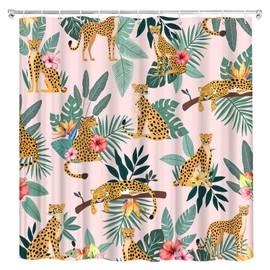 Pink Leopard Shower Curtain Tropical Jungle Leaves Botanical Cheetah Animal Wildlife Safari Big Cat Boho Aesthetic Minimalist Men Shower Curtains Set Bathroom Polyester Fabric Hooks (70"W x 70"L)