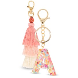 Hisuper Boho Keychains Pom Pom Tassel Macrame Keychains Alphabet Initial A Letter Keychain Pendant Key Ring for Purse Handbags Women Girl