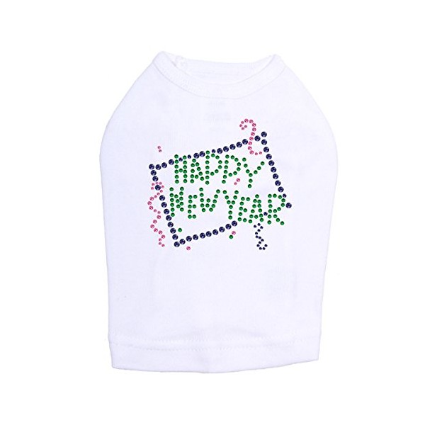Happy New Year Confetti - Bling Rhinestone New Year Dog Shirt, L White