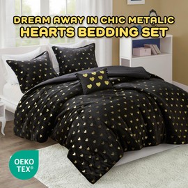 Mi Zone Twin Comforter Set, 3 Piece Metallic Hearts Bedroom Set for Girls, Twin Bed Set Soft Plush Comforter, Rosalie All Season Fluffy Twin Size Bedding Set, Twin/Twin XL, Black/Gold 3 Piece
