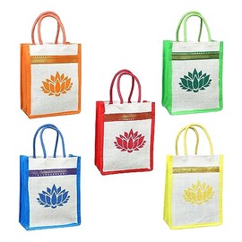 Eco-Friendly Jute Bags with Lotus Print - 10" x 8" - Beach Bag, Reusable & Biodegradable - Perfect for Gifts, Return Gifts, Indian Gift Bags, Puja Return Gifts, Wedding Favors, Wedding Welcome Bags,