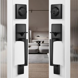 Leydebong Black Double Door Handle Set with Lock Heavy Duty Door Lever and Single Cylinder Deadbolt Entrance Exterior Doors