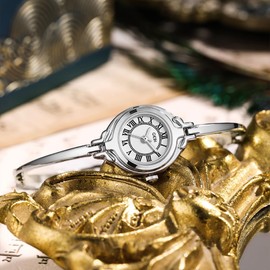 Gosasa Classic Vintage Bangle-Style Women's Watch with Small Dial and Thin Strap Elegant Dress Analog Ladies Wristwatch Fashion Waterproof Quartz Women Gold Watch (Silver White)