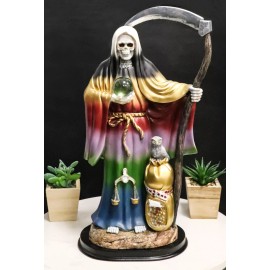Large 16.75"H Rainbow Holy Death Santa Muerte Holding Scythe Globe W/ Owl Statue