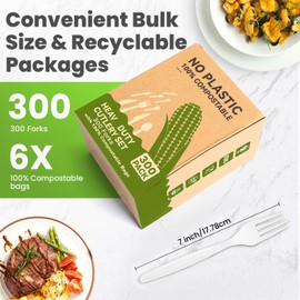 Heavy Duty Compostable Forks (300Pack), Eco-Friendly Heavyweight No-Plastic Fork - 100% Disposable Forks Cornstarch Flatware for Lounge Party Wedding BBQ Picnic Camping