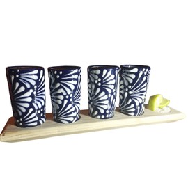 Tequila shot glasses, Handmade Tequila Set Includes 4 Ceramic 100% Mexican,wooden tray. (Blue)